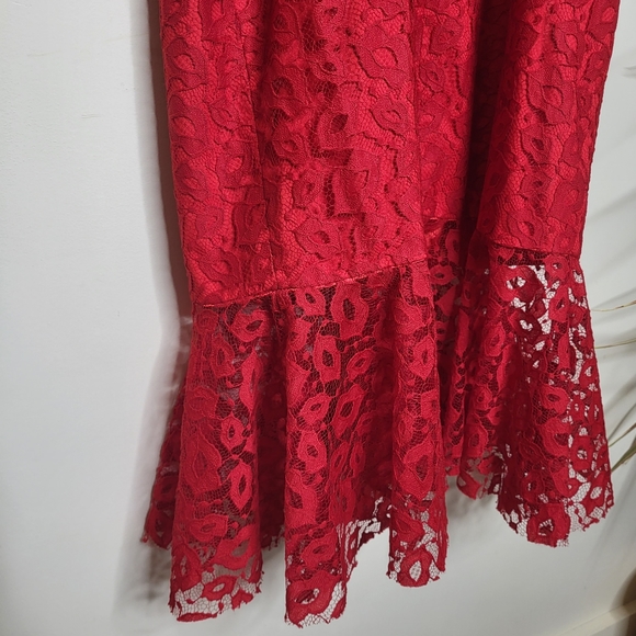MILLY Kiss Red Lace Spaghetti Strap Slim Grace Dress With Flounce Hem - Picture 8 of 16